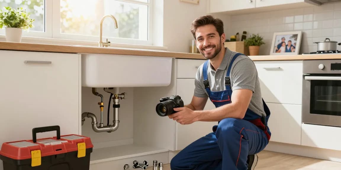 Plumber Stevens Point WI inspecting kitchen plumbing, showcasing tools and warm home environment.