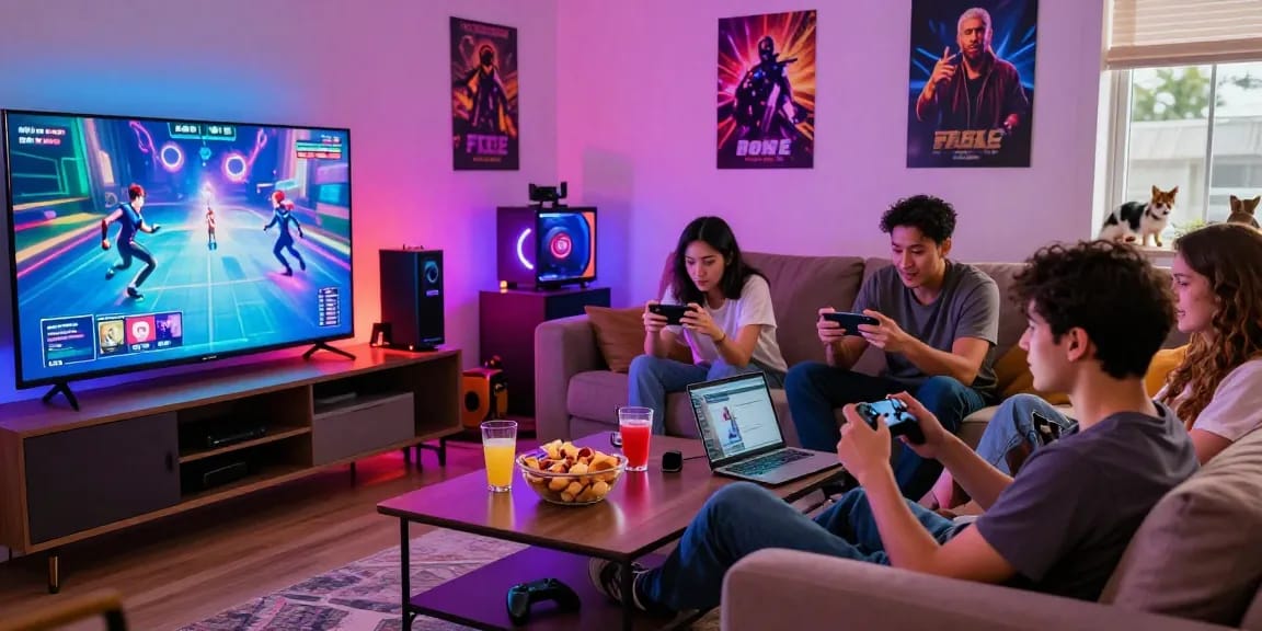 Group enjoying free porn games in a lively living room with snacks and gadgets.