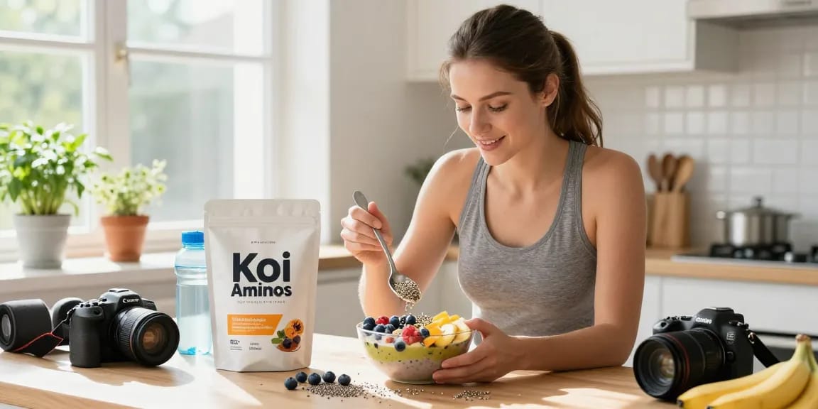 Koi Aminos mixed into a smoothie bowl in a bright kitchen promoting health and wellness.