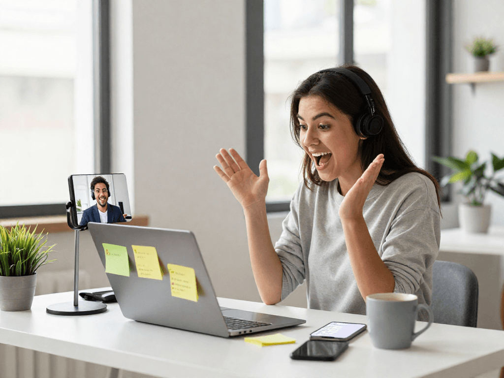 Individuals engaged in a spicy chat through video calls in a modern home office, showcasing creativity and collaboration.