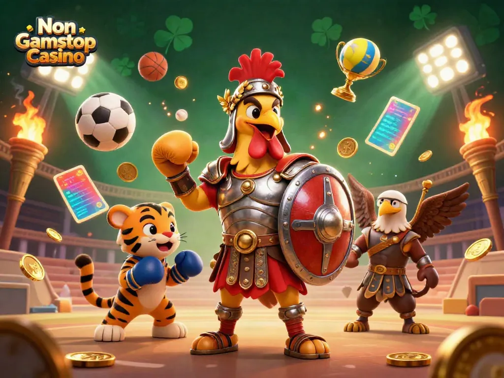 Engage with thrilling action at a Non Gamstop Casino featuring a gallant rooster in armor amidst dynamic sports elements.