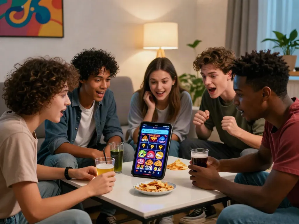 Friends enjoying a gaming night with the http://11bet-app.net/ app on a mobile device, surrounded by snacks and drinks.