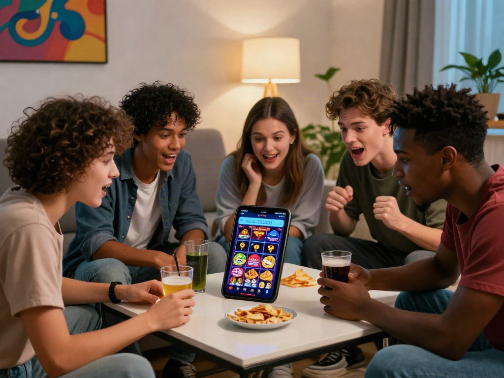 Friends enjoying a gaming night with the http://11bet-app.net/ app on a mobile device, surrounded by snacks and drinks.