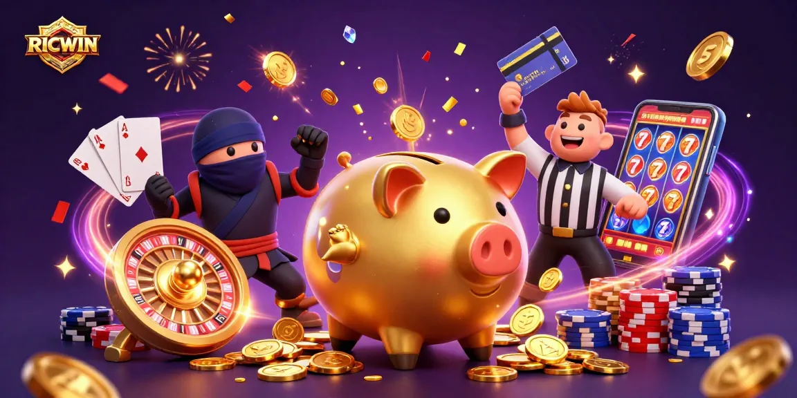 Experience RICWIN as golden coins cascade from a sumo wrestler piggy bank in a vibrant casino scene.