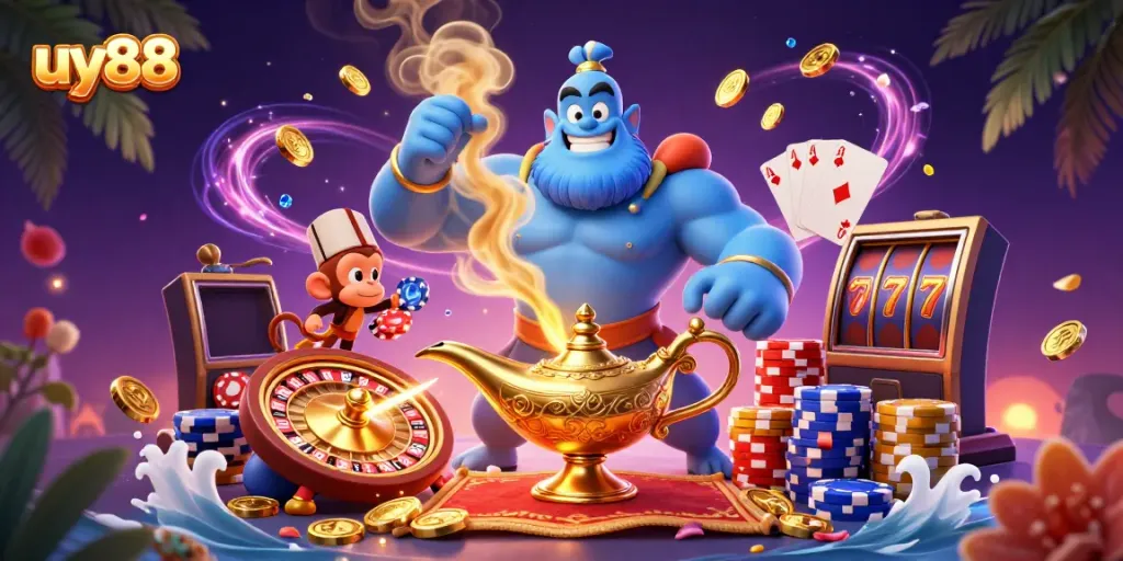 Engage in thrilling gameplay at uy88 with a vibrant casino scene featuring golden coins and playing cards.