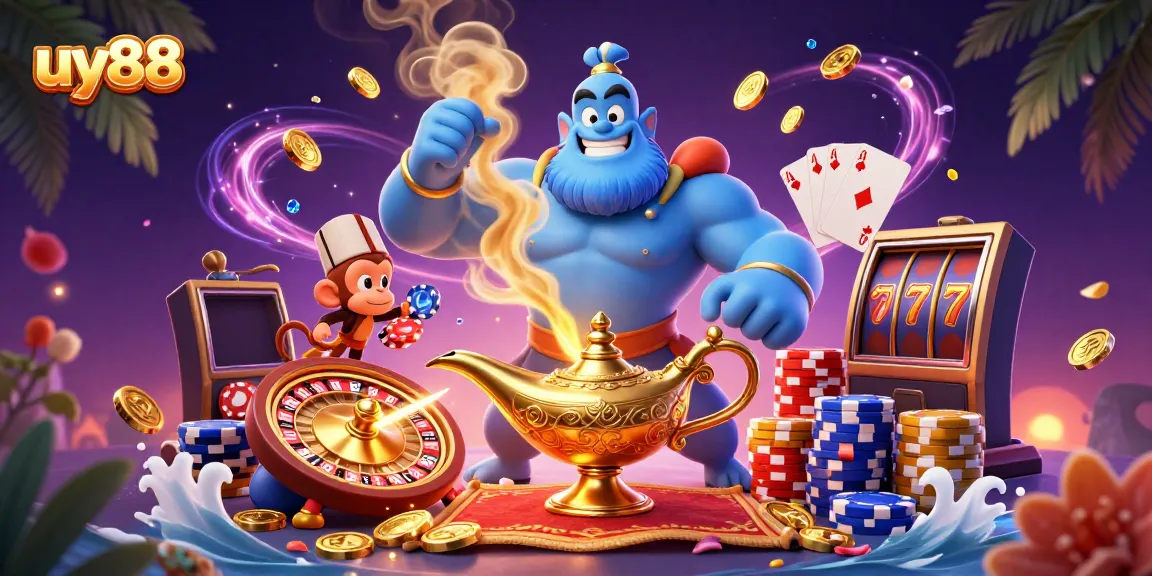 Engage in thrilling gameplay at uy88 with a vibrant casino scene featuring golden coins and playing cards.