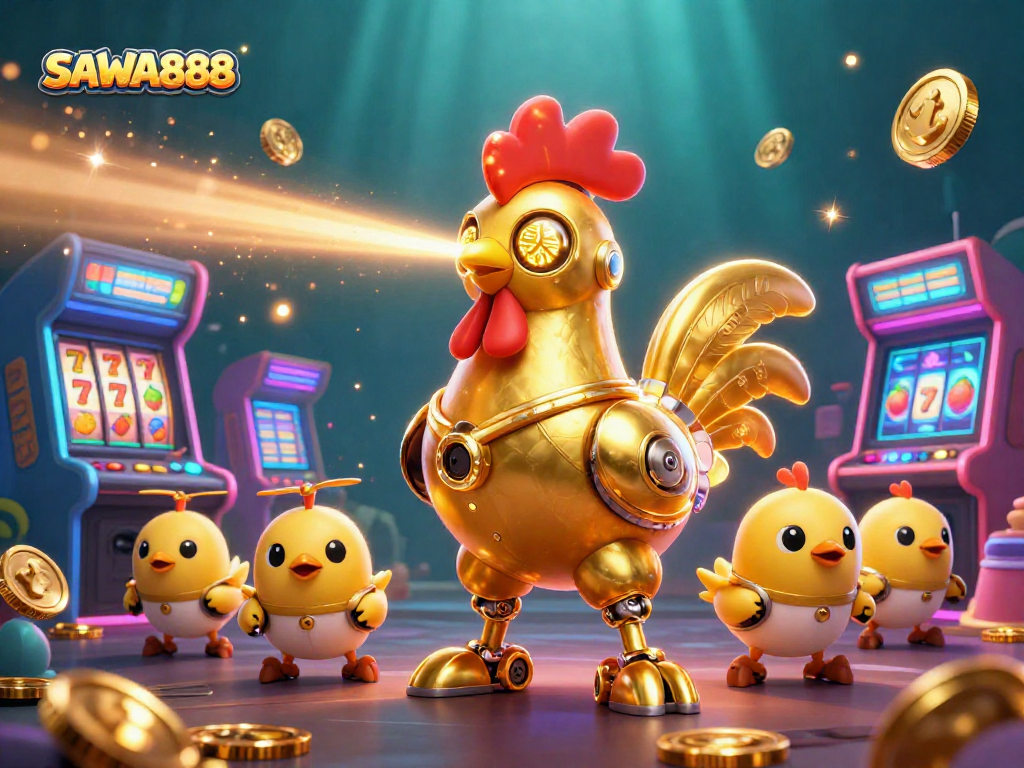 Experience the excitement of SAWA888 with a dynamic scene featuring a golden rooster robot and arcade games.