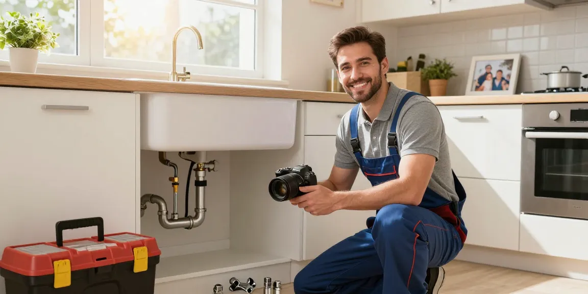 Plumber Stevens Point WI inspecting kitchen plumbing, showcasing tools and warm home environment.