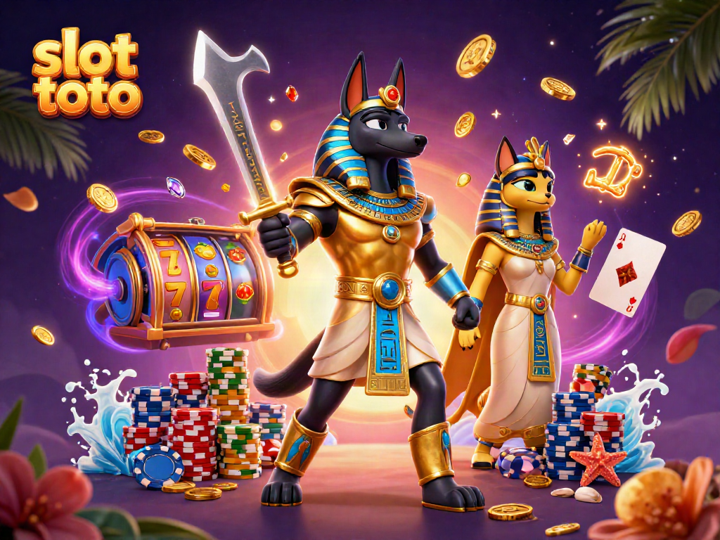 Experience the thrill of slot toto with Anubis and Bastet amidst golden coin cascades.