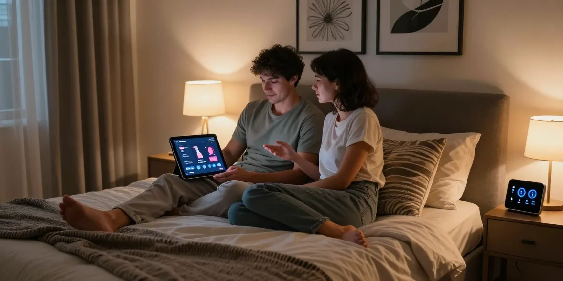 Couple exploring sex AI technology in a modern bedroom, highlighting intimacy and connection.