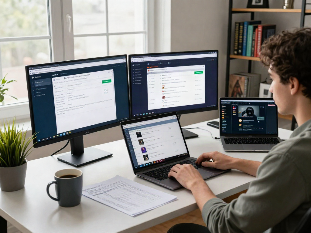 토토사이트 검증 먹튀스팟 analysis in a modern home office with screens displaying betting site statuses and paperwork.