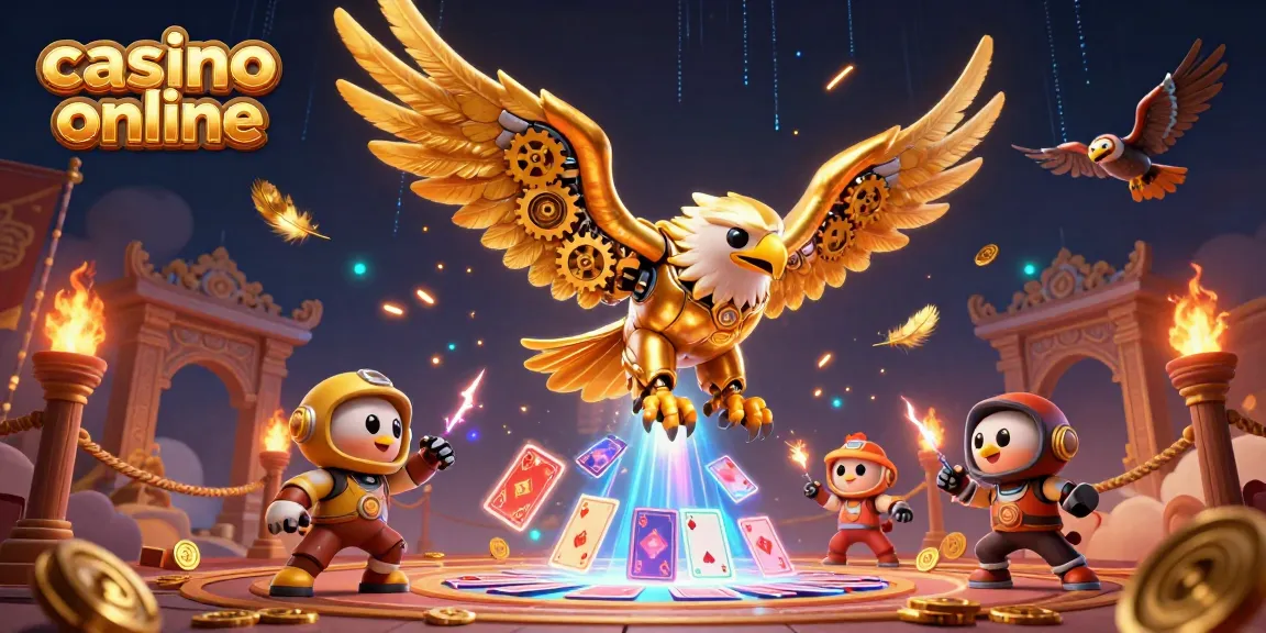 Experience thrilling action in a vibrant casino online world with a cybernetic eagle and holographic cards.