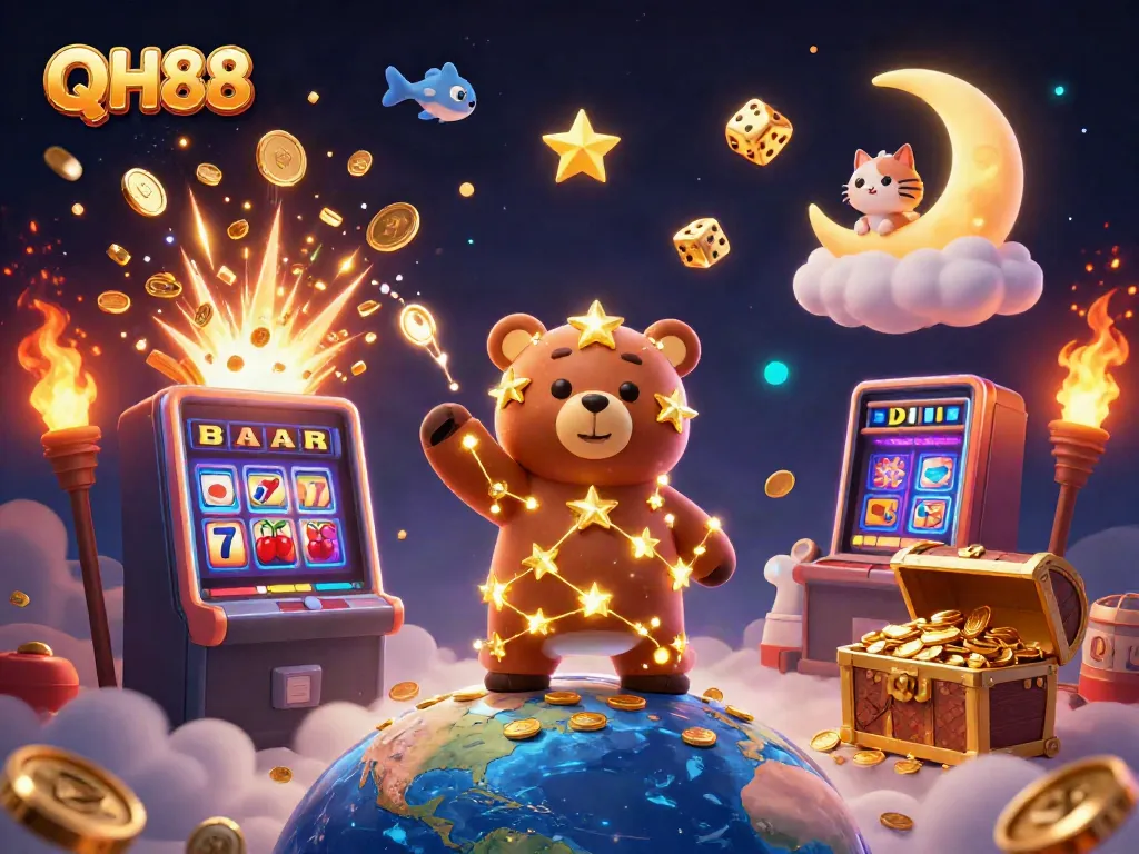 Players experience thrilling jackpots at QH88 casino with vibrant 3D golden bear and coins.