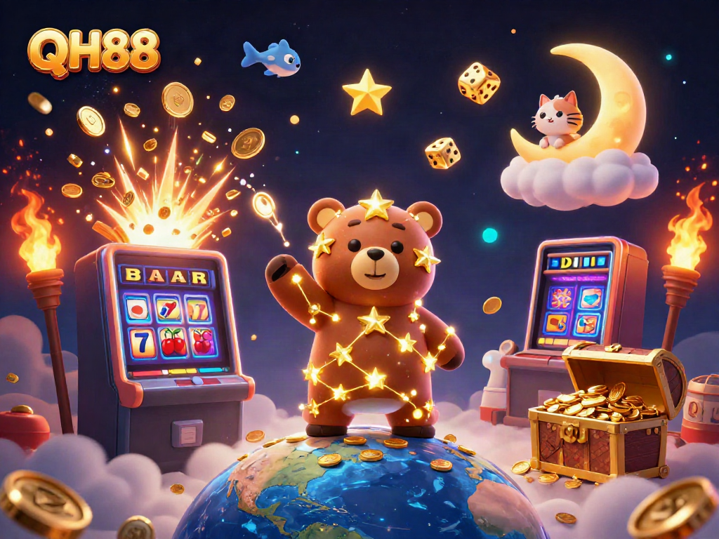 Players experience thrilling jackpots at QH88 casino with vibrant 3D golden bear and coins.