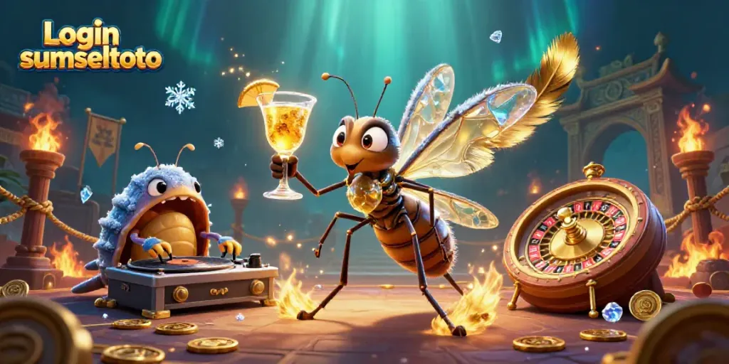 Engage with a vibrant scene celebrating Login sumseltoto, featuring a casino mascot and a trilobite DJ.