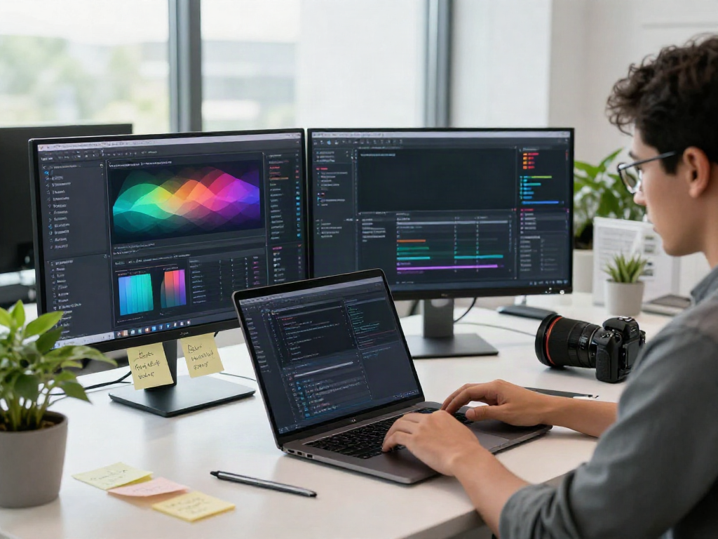 Developer utilizing instant indexing technology in a modern workspace