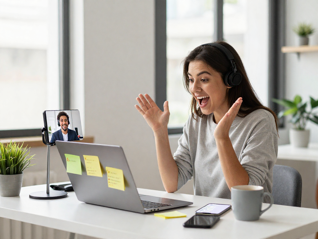 Individuals engaged in a spicy chat through video calls in a modern home office, showcasing creativity and collaboration.