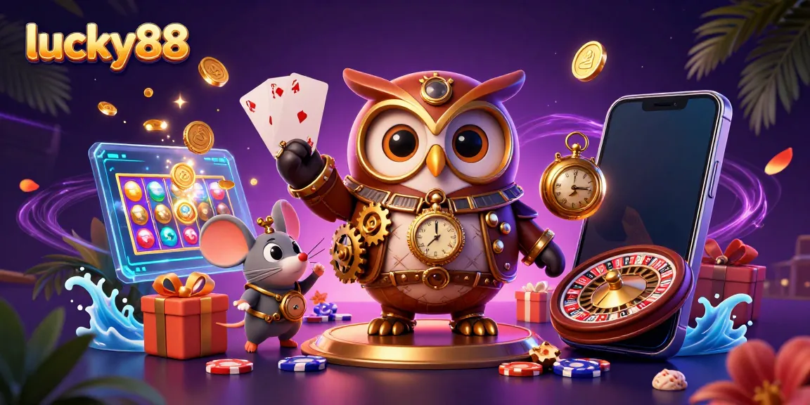 Experience vibrant gaming thrills with lucky88, featuring a steampunk owl amidst casino excitement.