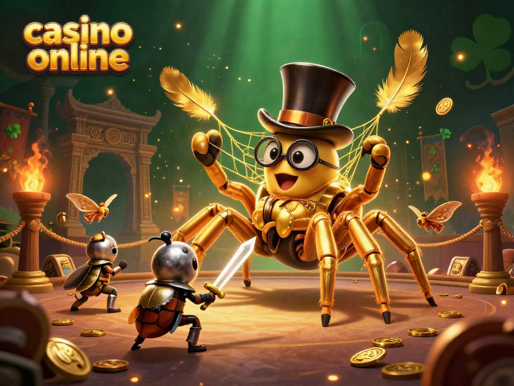 Experience the thrill of casino online with a dynamic 3D scene featuring a golden tarantula and beetle knight.