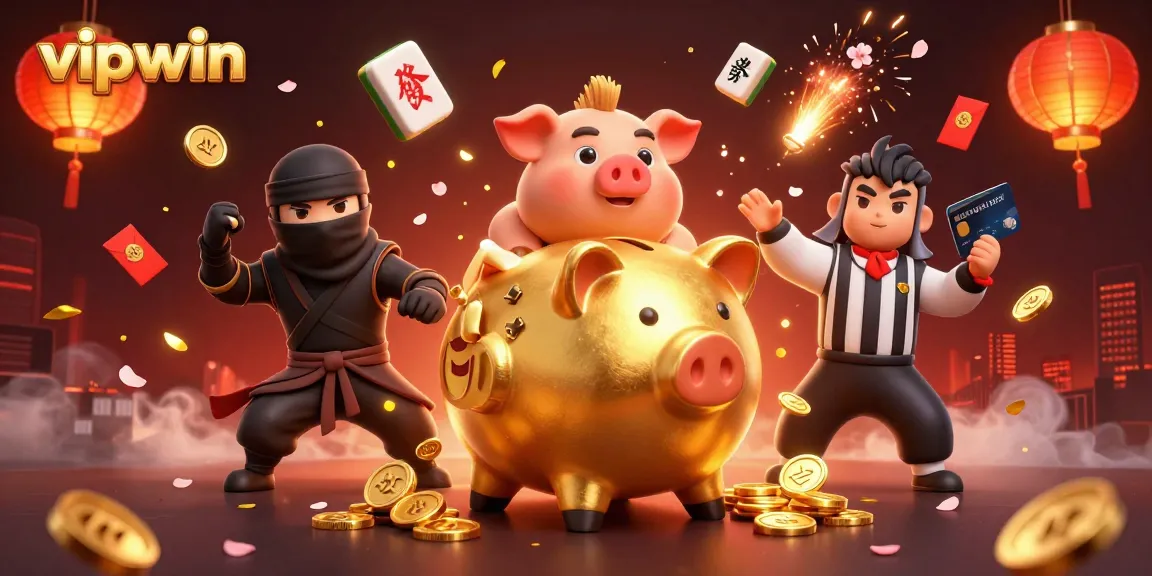 Experience the excitement of vipwin with dynamic characters and golden casino elements in this vibrant 3D illustration.