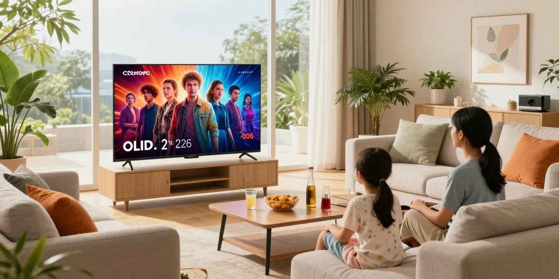 Family enjoying OLED TV 2026 in a bright living room with vibrant visuals.