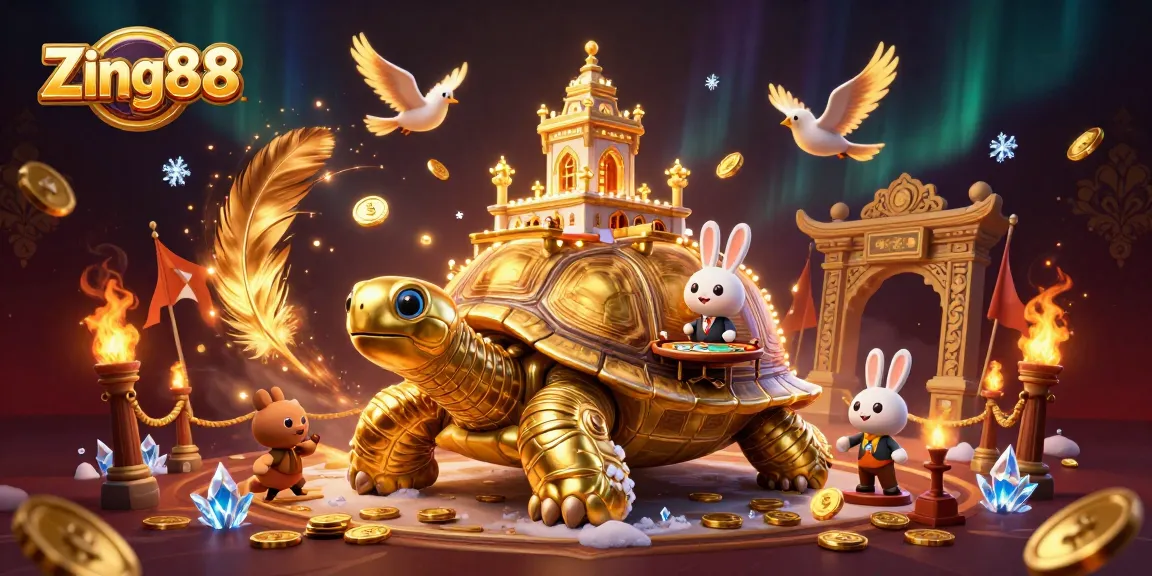 Zing88 immerses players in an energetic casino scene featuring a giant tortoise and bird dealers.
