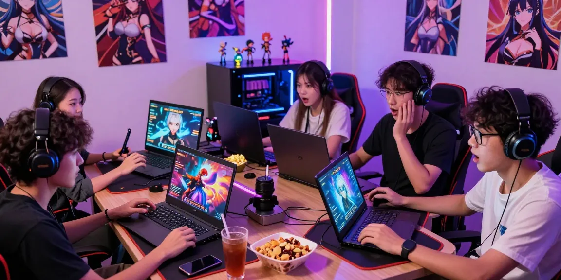 Engaged gamers exploring mind control hentai games on multiple devices, showcasing excitement and social interaction.