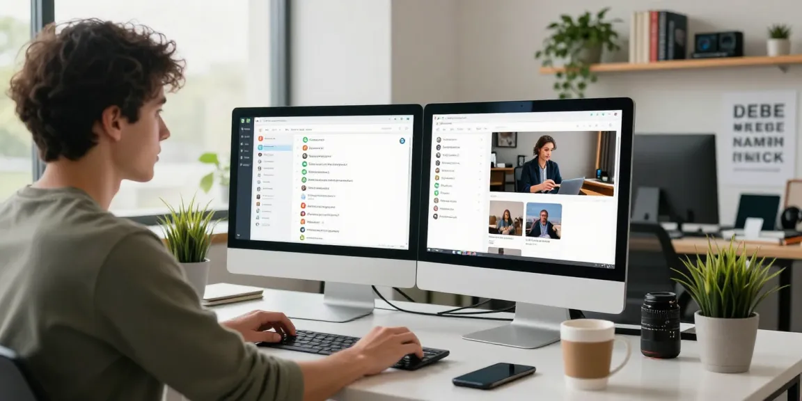 A professional using WhatsApp網頁版 on a dual-monitor setup in a modern workspace with coffee and tech accessories.