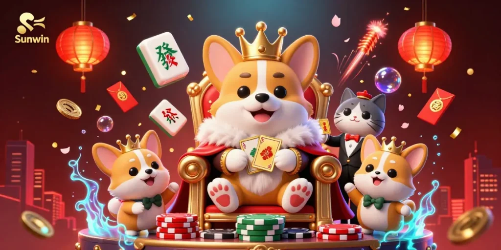 Sunwin unleashes excitement with a royal corgi on a throne of poker chips, surrounded by festive casino elements.