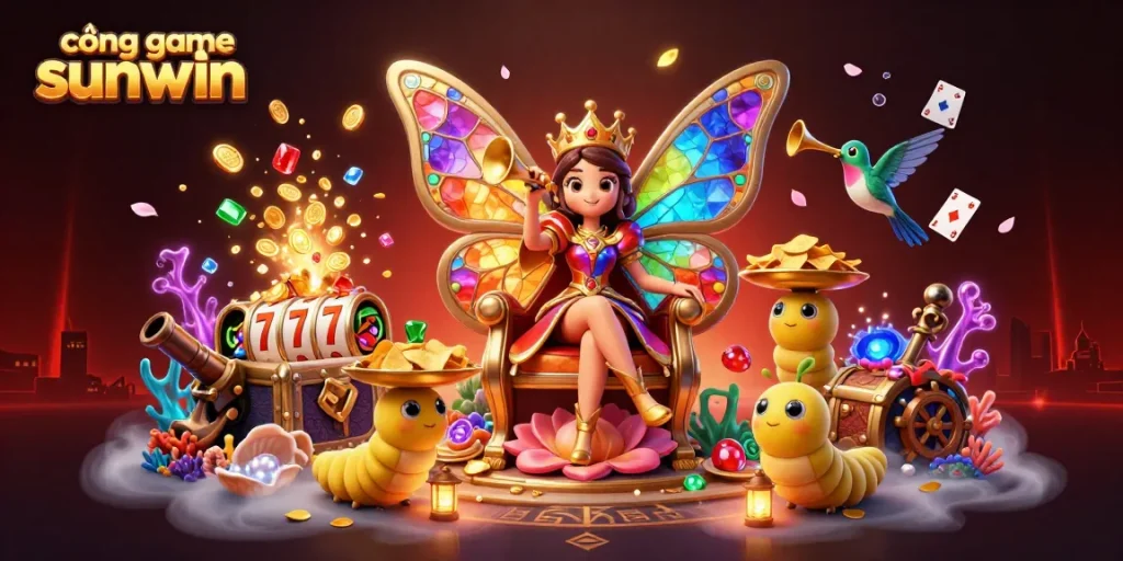 Cổng game sunwin showcases a vibrant illustration of a queen with gem-colored wings set against a backdrop of treasures and casino elements.