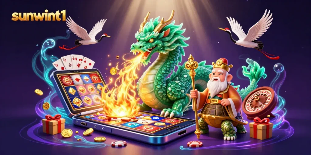 Experience thrilling gameplay with sunwint1, featuring a jade dragon and vibrant casino elements.