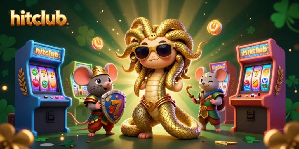 Experience hitclub's gaming excitement with Medusa and a warrior mouse amidst glowing slot reels and arcade elements.