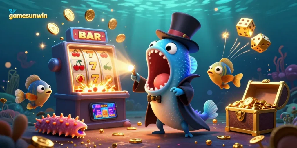 Experience thrilling gamesunwin action with a colorful, vibrant casino scene featuring magical sea creatures.