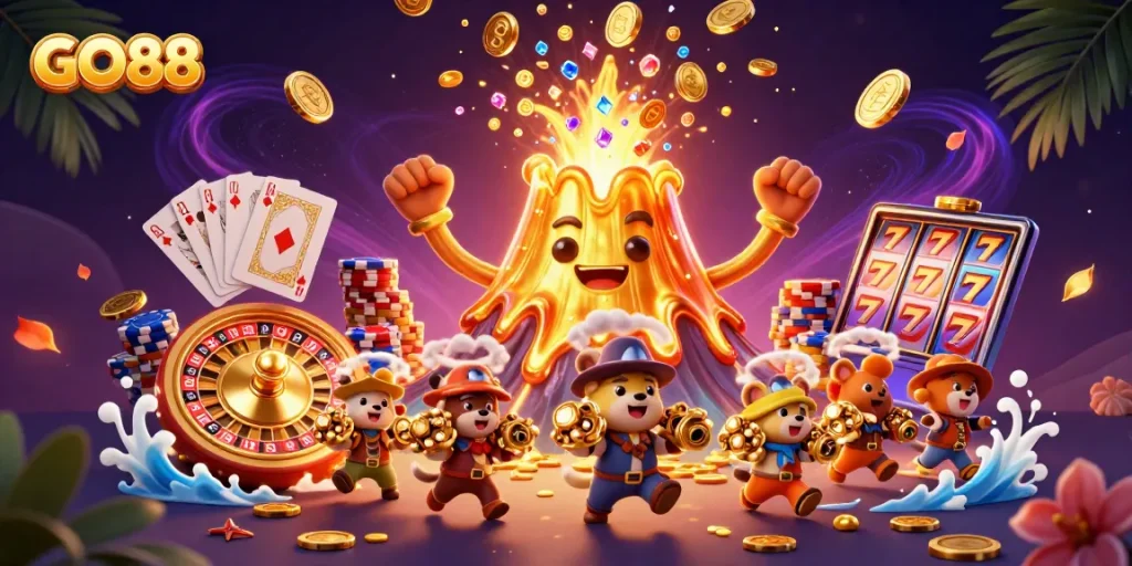 Experience thrilling winnings at GO88 with golden treasures and jackpot excitement in this vivid scene.