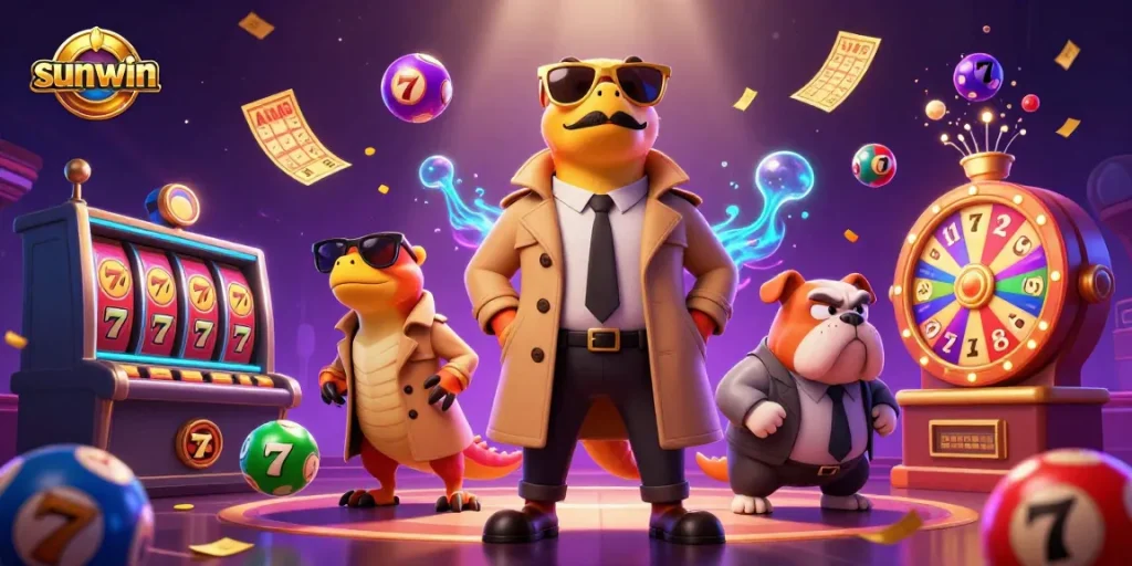 Experience sunwin's exciting gaming world with raptors sneaking into a VIP casino, surrounded by joyful elements.