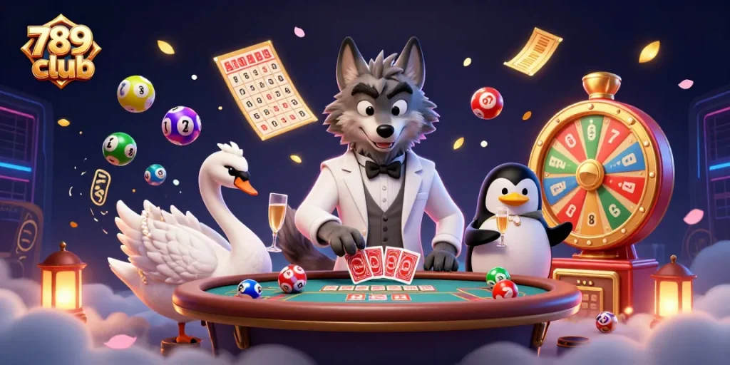 Experience exciting gaming at 789club with a debonair wolf and friends at a baccarat table.