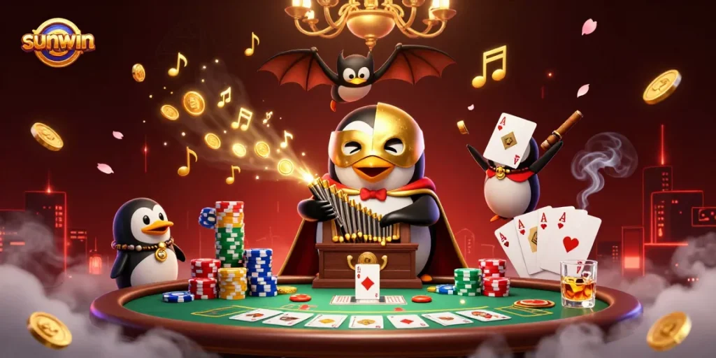Play immersive games at sunwin with 3D penguin organist surrounded by winning poker elements.