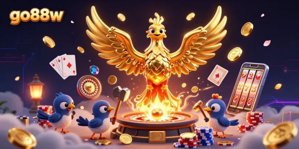 Engage in the excitement of Go88w with a molten phoenix symbolizing fortune amid casino games and golden treasures.